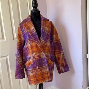 Sezane Harry Coat: Wool Check Purple and Yellow/Orange Peacoat